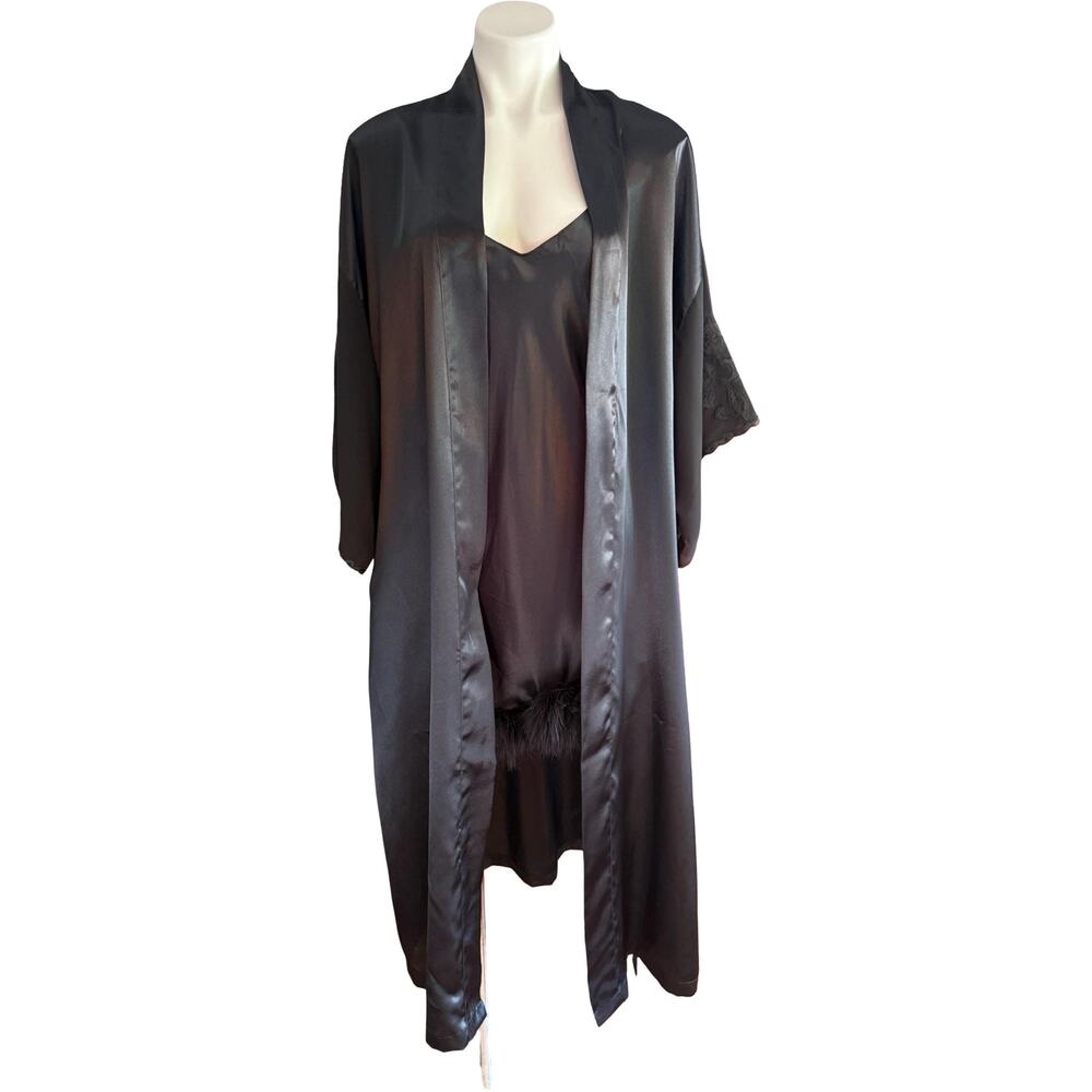 Vintage Val Mode 1980s Black Satin Marabou Feather Gown and Robe Set Medium - Picture 8 of 15